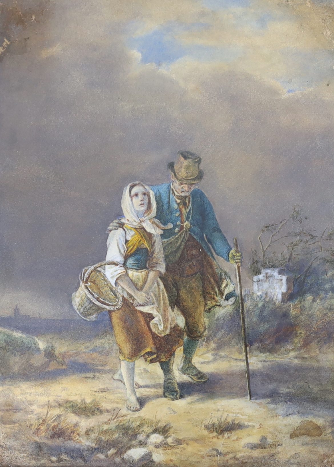 19th century English school, watercolour, Peasant girl leading a blind man along a track, 29 x 22cm